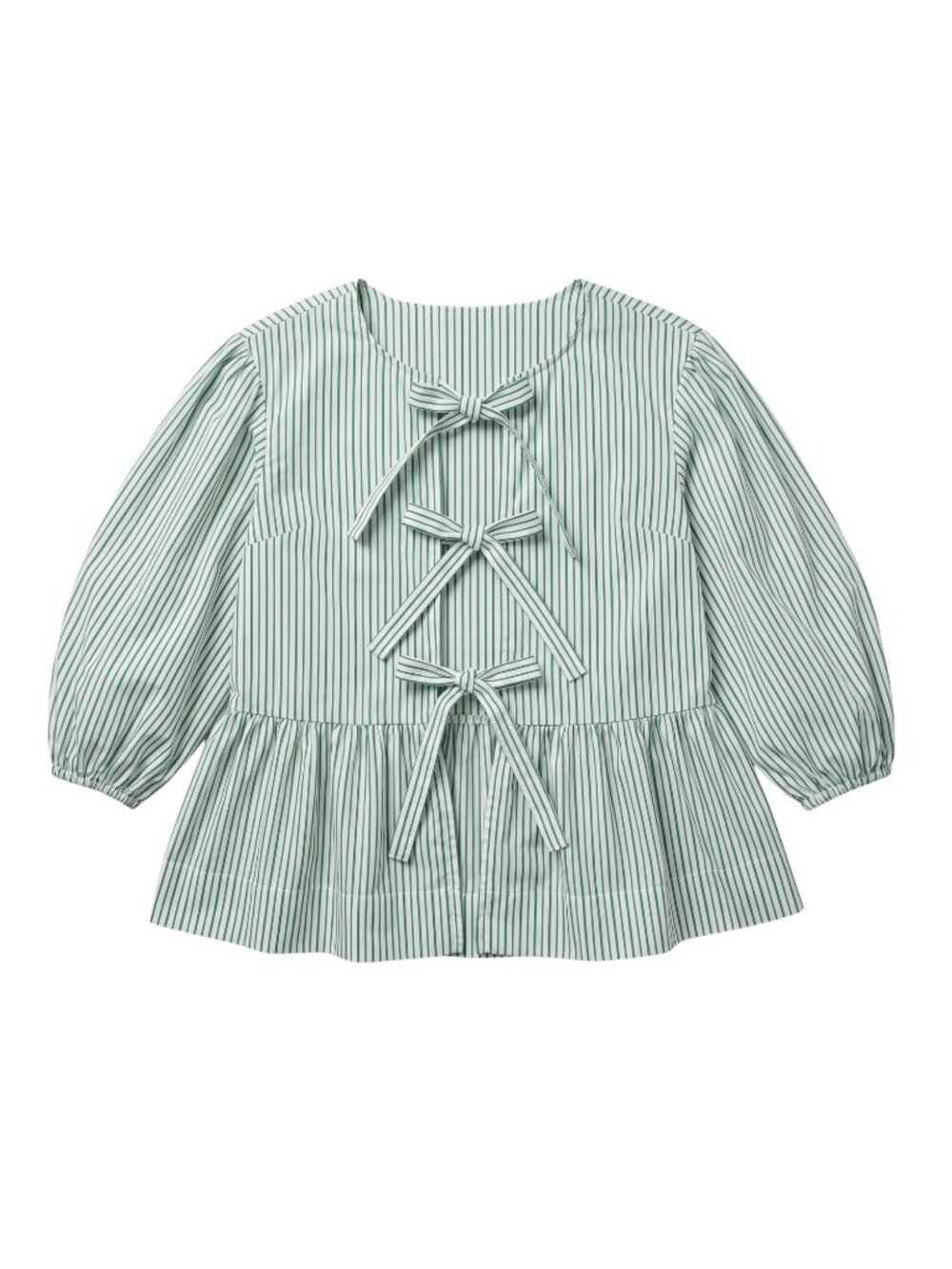 NWOT Green White Striped Tie Front Triple Bow Peplum Babydoll Blouse Shirt Small